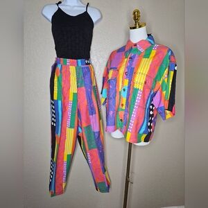 Vintage Bis Bis Gene Ewing Wrinkled Rich DColorful Geometric Shirt and Pants Set